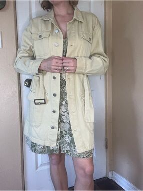 100% Cotton Pale Yellow Denim Belted Trench Coat